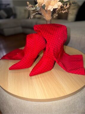 Fox Red Rhinestone Stretch Over-the-Knee Stiletto Boots